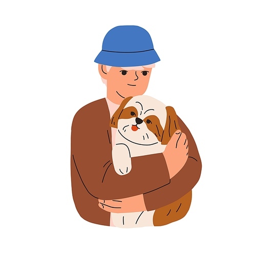 Kid holding, hugging cute dog. Child and puppy friends portrait. Boy, pet owner and home canine animal, doggy companion. Person and sweet pup. Flat vector illustration isolated on white .