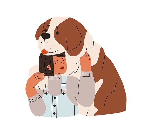 Happy dog and child. Girl pet owner with large canine animal friend and companion. Love and friendship between human and Saint Bernard doggy. Flat vector illustration isolated on white .