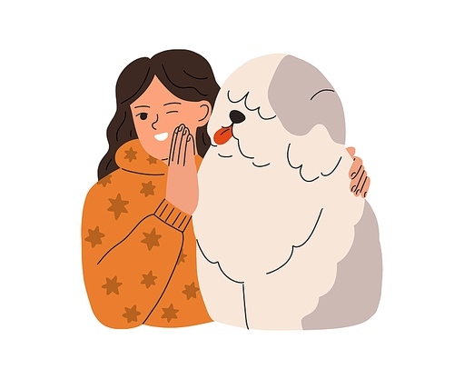 Happy child hugging big bob-tailed dog. Pet owner kid and doggy friend. Love and friendship of girl and cute shaggy fluffy canine animal . Flat vector illustration isolated on white .