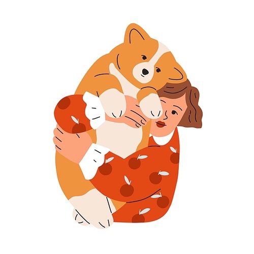 Happy kid holding, hugging cute chunky dog of corgi breed. Girl pet owner with canine animal in arms. Child and doggy friends portrait. Flat graphic vector illustration isolated on white .