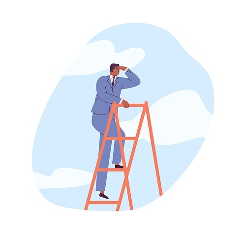 Businessman at top of career ladder with growth limits, searching for new opportunities, looking in future. Concept of ambitions and aspirations. Flat vector illustration isolated on white .