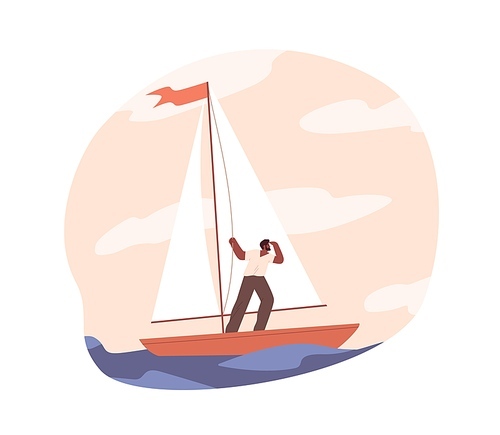 Hope for success in future concept. Bold person travel in sailboat, looking, searching and exploring career directions. Man with aspirations and goals. Flat vector illustration isolated on white.