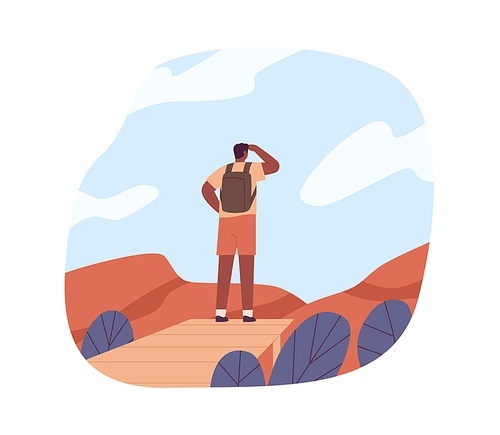Tourist in adventure, looking forward, exploring nature. Hiker travel, standing on top of mountains in sky. Concept of discovering new horizons. Flat vector illustration isolated on white .