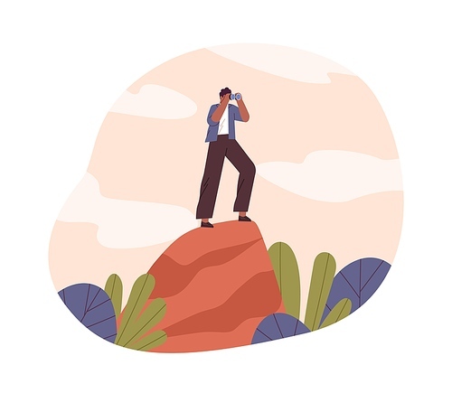 Future vision concept. Person with binoculars looking around, discovering and exploring life opportunities and directions, finding ideas. Flat vector illustration isolated on white .