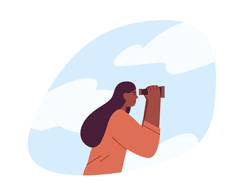 Person looking forward in future with binoculars, searching direction, opportunities and solutions, focusing on aim. Aspirations concept. Flat vector illustration isolated on white .