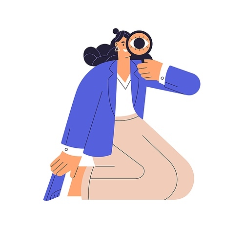 Business woman, HR specialist looking for staff. Employer with magnifier searching, finding personnel. Analysis, vision and strategy concept. Flat vector illustration isolated on white .