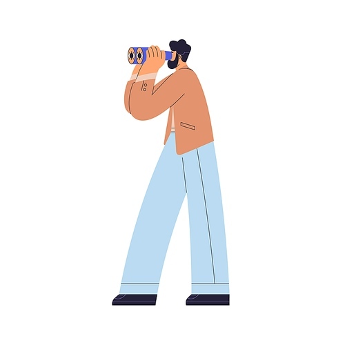 Business person looking for opportunities, exploring new prospects. Future and strategy concept. Man with binoculars seeking for ideas. Flat graphic vector illustration isolated on white .