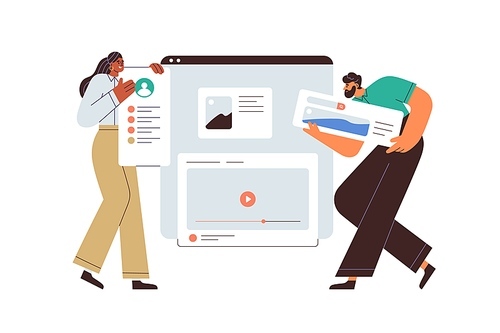 UI UX designers designing web-site, page interface, creating content layout with visual elements. Tiny people making website, landing webpage. Flat vector illustration isolated on white .
