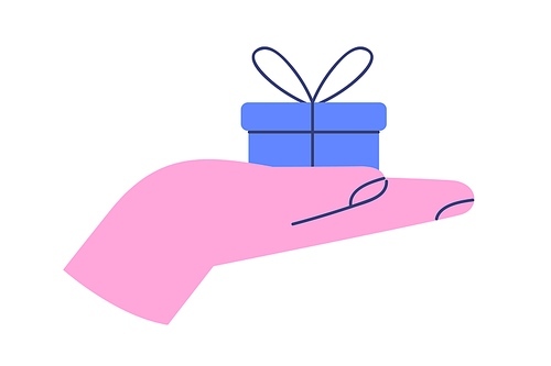 Hand holding, giving small gift box icon. Holiday present with bow on palm. Little festive birthday giftbox, surprise in arm. Donation concept. Flat vector illustration isolated on white .