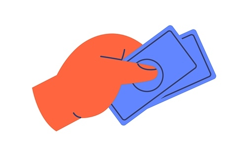Hand holding abstarct paper money. Arm giving banknotes, paying on cash. Currency, bank notes in fingers icon. Finance, payment concept. Flat vector illustration isolated on white .