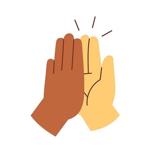 Two hands giving high five, clapping palms icon. Biracial arms slap, greeting hi gesture of friends. Partners congratulation with great deal. Flat vector illustration isolated on white .