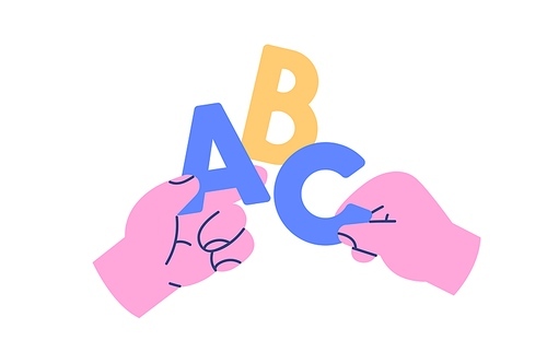 ABC, basic alphabet letters in hands icon. Arms holding A, B, C for kids education, learning, studying. Easy elementary for beginners. Flat graphic vector illustration isolated on white .