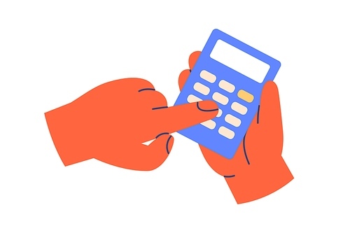 Hand holding, using calculator icon. Accountant calculating finance, counting, pressing buttons with finger. Economy, accounting concept. Flat vector illustration isolated on white .