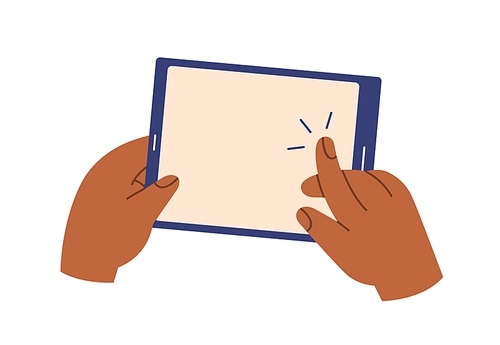 Hand holding tablet PC, clicking on blank screen with finger. Arm using digital device, touching, pointing, pressing on display with forefinger. Flat vector illustration isolated on white .