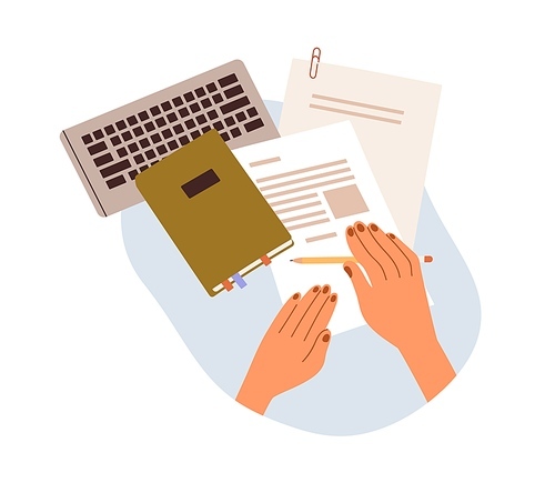 Hands with office documents, official papers, planner and computer keyboard. Employee arms work with business notebook, organizer at workplace. Flat vector illustration isolated on white .