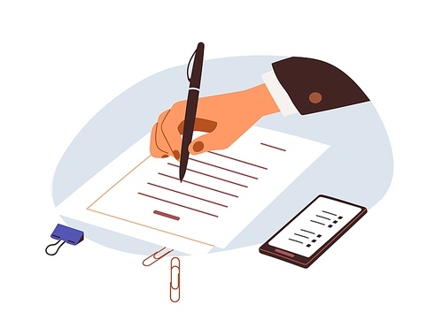 Hand writing on business official paper, taking notes. Employee filling application form, abstract office document with pen at work. Flat vector illustration isolated on white .