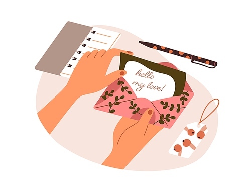 Receiving love letter. Hands holding, opening holiday envelope with handwritten paper mail, message from sweetheart, Valentine day correspondence. Flat vector illustration isolated on white .