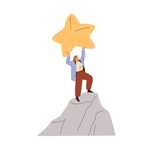 Success, goal achieving concept. Business woman winner with star standing on top of career peak, mountain cliff. Victory and target achievement. Flat vector illustration isolated on white .