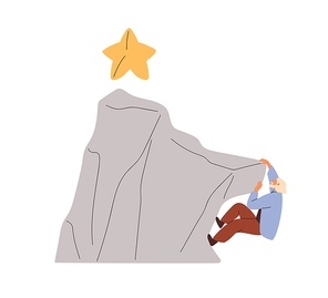 Overcoming obstacles, achieving challenging goal concept. Person climbing up to mountain peak, success. Aspiration to aim target through hurdles. Flat vector illustration isolated on white background.