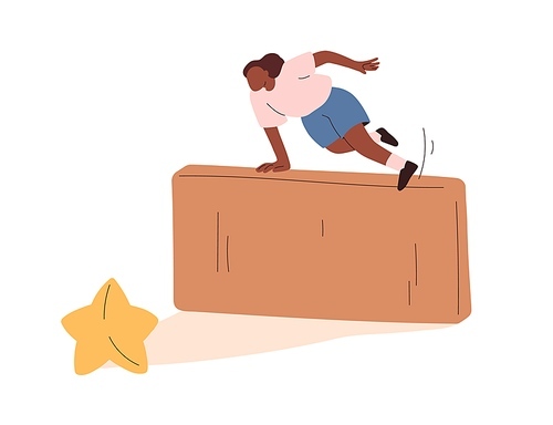Challenge, ambition, aspiration concept. Overcoming obstacle, hurdle, barrier on way to success, achieving goal, aspiring to aim, objective. Flat vector illustration isolated on white .