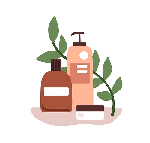 Organic eco cosmetic products in bottles, jars for hair care. Vegan green beauty cosmetics, packs of shampoo, conditioner, mask, gel composition. Flat vector illustration isolated on white .