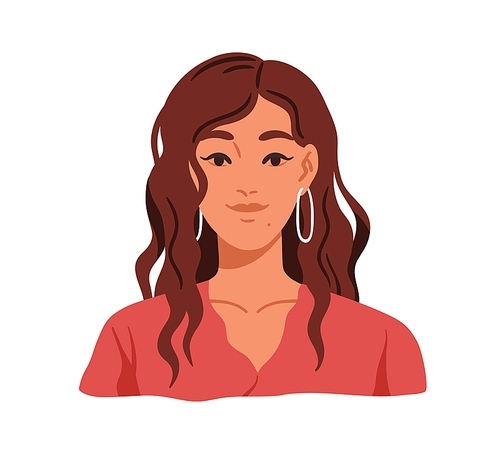 Young woman face portrait. Happy girl with fashion curly wavy hair styling, makeup with arrows and earrings. Pretty female with light curls. Flat vector illustration isolated on white .