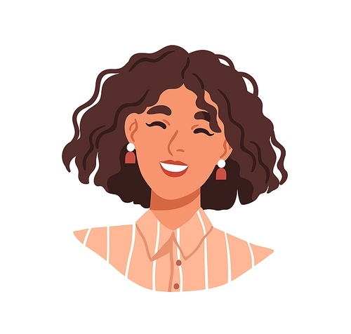 Happy woman portrait. Smiling young girl with curly wavy hair and bob cut, hairstyle. Modern cheerful beautiful pretty female with curls. Flat vector illustration isolated on white .