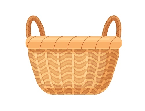 Empty straw basket with two handles. Realistic traditional wicker. Woven basketwork. Bamboo basketry for storage and decor. Flat vector illustration of wickerwork isolated on white .