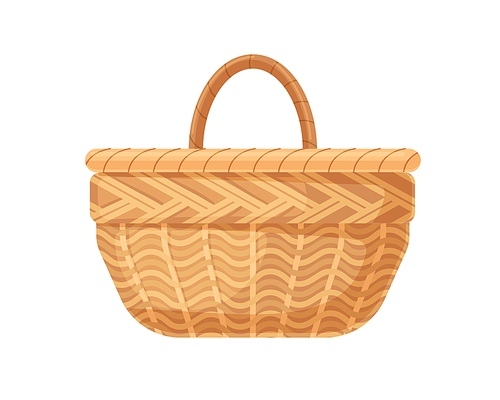 Empty straw basket. Single-handle wicker. Realistic wickerwork. Garden basketry. Handmade woven braided container for storage. Flat cartoon vector illustration isolated on white .
