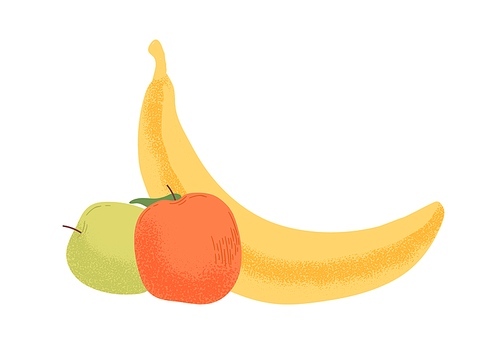 Fresh juicy fruits in orange, green and yellow colors. Two apples and a banana isolated on white . Hand drawn textured flat colorful vector illustration.