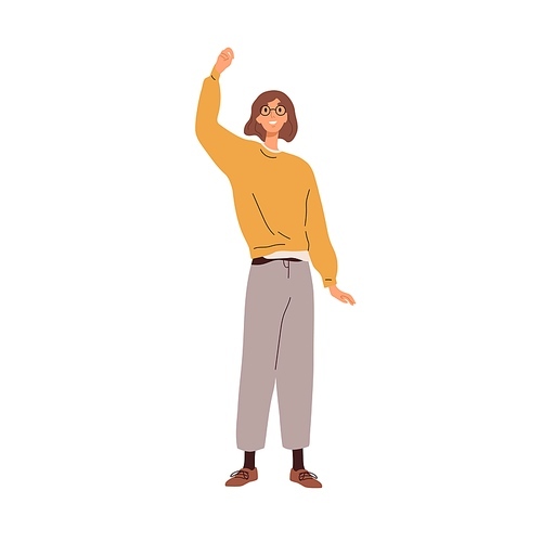 Happy excited woman rejoicing. Cheerful joyful person celebrates success and victory, raising fist up. Female employee exulting after achievement. Flat vector illustration isolated on white .