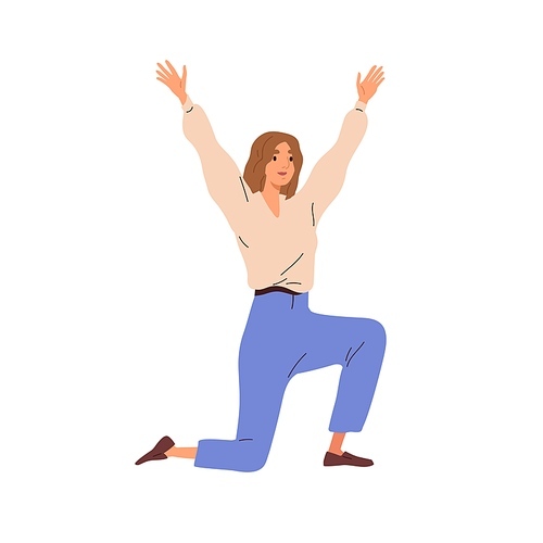 Excited woman rejoices and celebrates triumph, kneeling and raising hands up from joy. Joyful cheerful person winner with positive emotions. Flat vector illustration isolated on white .