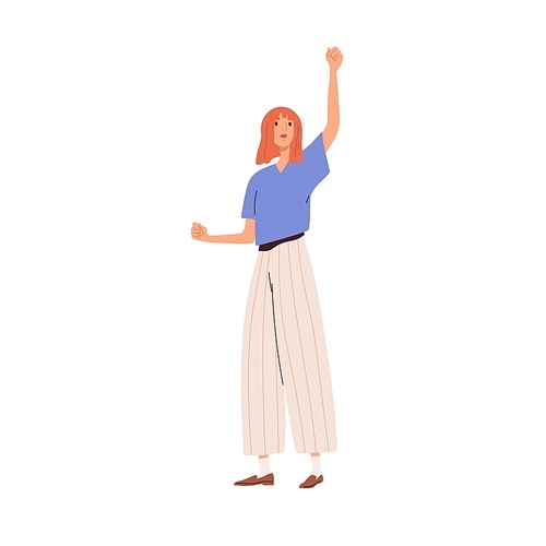 Happy excited woman celebrates success and victory, raising fist up, cheering up. Joyful cheerful person rejoices. Female with positive emotions. Flat vector illustration isolated on white .