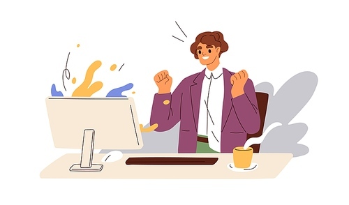 Happy employee rejoicing victory, success at computer desk. Office workers joy, luck at work. Career, business achievement concept. Flat graphic vector illustration isolated on white .