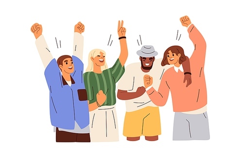 Happy team, young people celebrate business victory, work success with joy, fun. Colleagues winners rejoicing, exulting together with hands up. Flat vector illustration isolated on white .