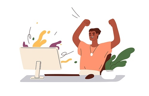 Success at work, victory in business concept. Happy employee at computer desk, rejoicing achieved goal. Successful office worker leader. Flat graphic vector illustration isolated on white .