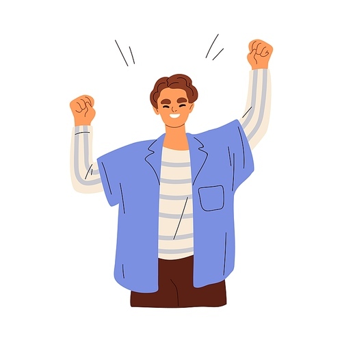 Happy excited man winner rejoicing. Exulting person celebrates victory, success. Smiling glad guy with positive emotions, gesturing with fist up. Flat vector illustration isolated on white .