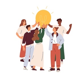 Creative business team and lightbulb. Work under brilliant idea, brainstorming, finding solution concept. Group collaboration, teamwork. Flat graphic vector illustration isolated on white .