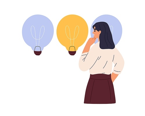 Choosing among good and bad business ideas. Creativity choice, solution concept. Employee thinking, picking, selecting from light bulbs at work. Flat vector illustration isolated on white .