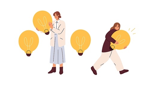 Stealing creative idea, plagiarism, theft concept. Intellectual property, copyright infringement, violation. Thief with stolen lightbulb. Flat graphic vector illustration isolated on white .