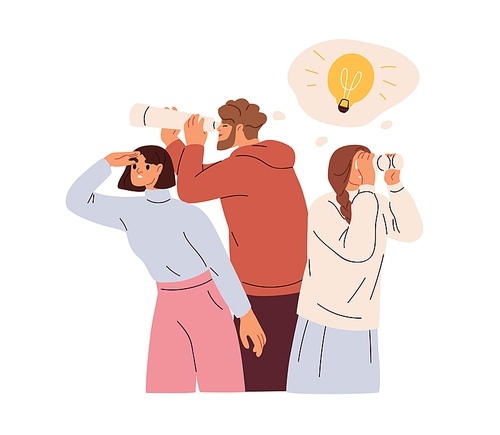 Bad business team fail to search ideas. People with silly behaviour complicating work, ignoring, dont notice obvious solution to problem. Flat vector concept illustration isolated on white .