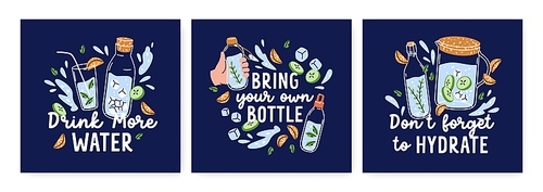 Card background designs with water quotes and detox drinks with fruits, ice. Cold summer healthy aqua beverages, lemonades, refreshments in glasses, bottles. Colored flat vector illustrations.