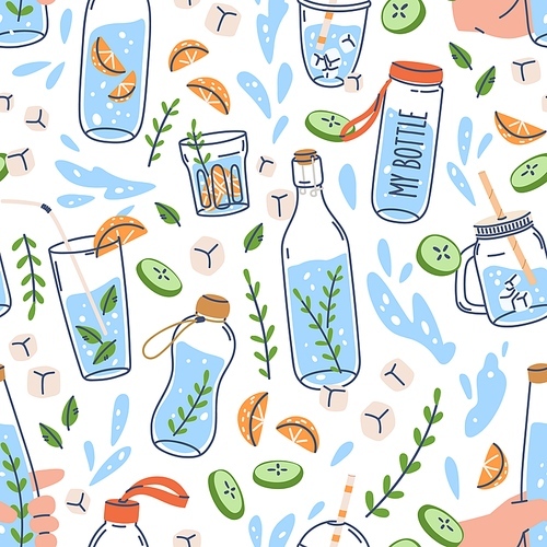 Seamless pattern with water in bottles, glasses. Repeating texture with detox fruit drinks print. Endless background with healthy summer lemonades, ice, cucumber. Colored flat vector illustration.