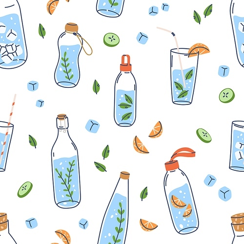 Water bottles, glasses pattern. Seamless repeating background with detox drinks print. Endless texture design with fresh fruit, cucumber beverages and ice cubes. Colored flat vector illustration.