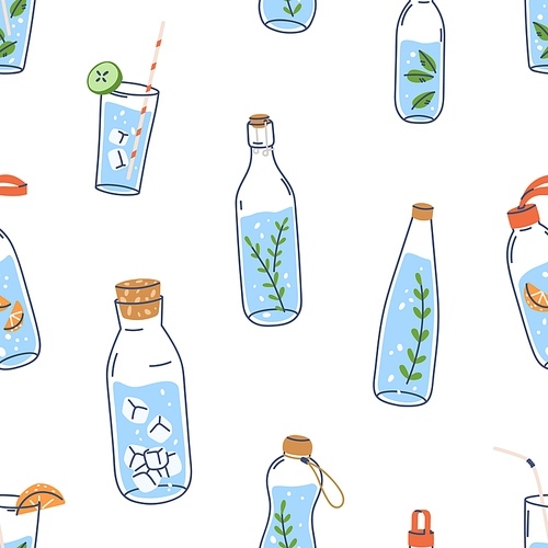 Water in bottles and glasses pattern. Seamless background, repeating print with cold healthy fresh summer drinks. Endless detox texture, backdrop design. Colored flat vector illustration for textile.