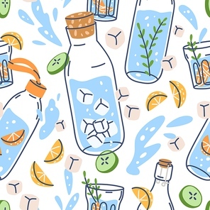 Seamless water pattern with glass bottles, ice, orange fruits, cucumber. Detox drinks, healthy summer lemonades repeating print. Colored flat vector illustration.
