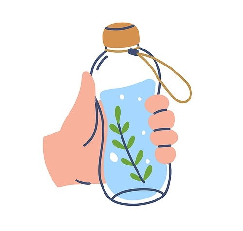 Recycled water bottle in hand. Holding detox aqua drink with rosemary. Healthy summer lemonade, infused beverage with green leaf. Colored flat vector illustration isolated on white .
