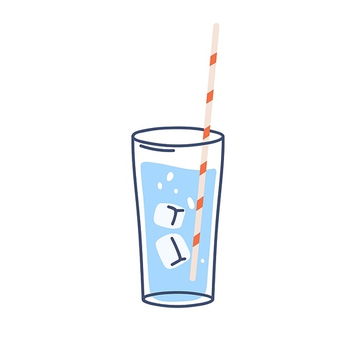 Full water glass with ice cubes and straw. Clean cold fresh aqua in lineart cup. Sparkling carbonated refreshing drink with bubbles. Line-art flat vector illustration isolated on white .