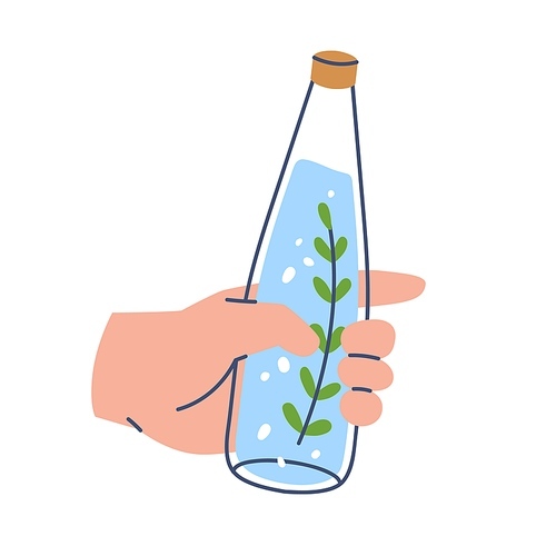 Water infused with rosemary leaf. Holding aromatic fresh aqua bottle in hand. Refreshing summer detox drink, refreshment for hydration. Line-art flat vector illustration isolated on white .