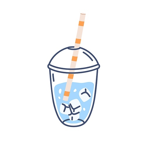 Water with ice cubes, straw in takeaway plastic glass with lid. Clean cold fresh aqua in lineart take-away cup. Carbonated mineral drink. Flat graphic vector illustration isolated on white .